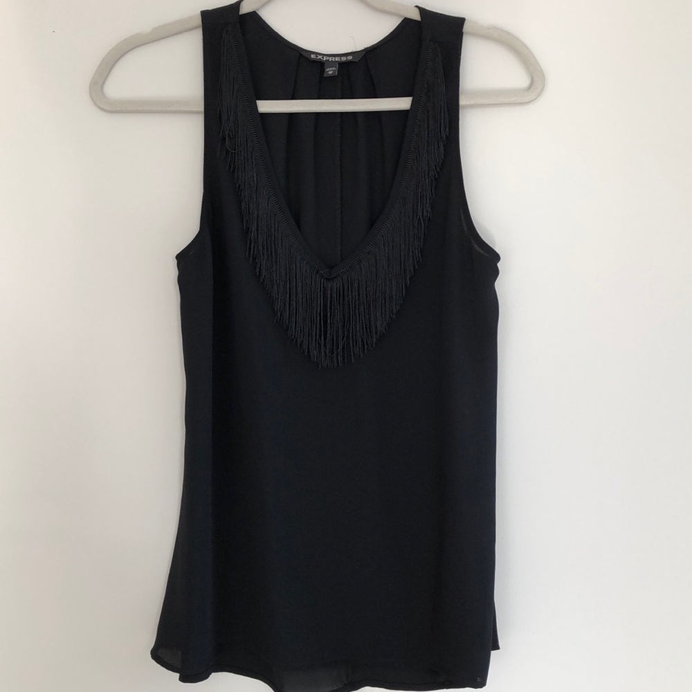 Black sleeveless top with fringe
